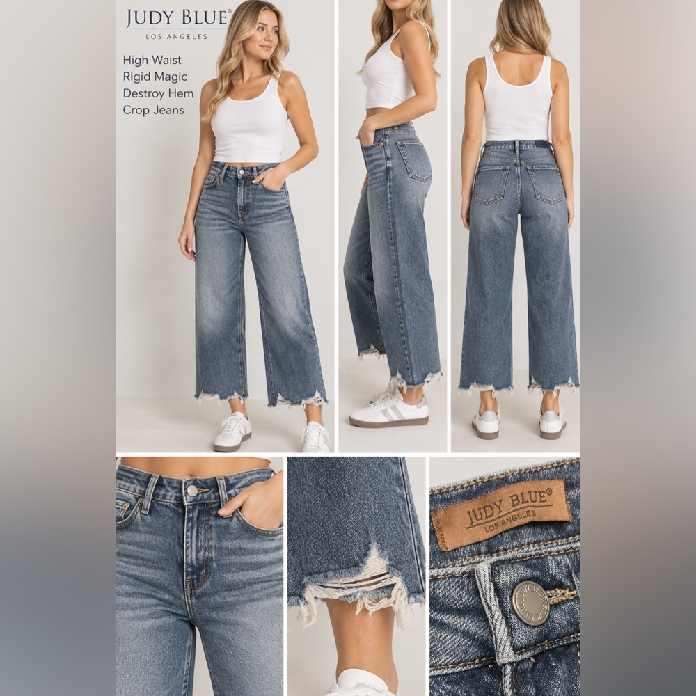 Judy Blue High Waist Rigid Magic Destroy Hem Crop Jeans Wide Leg Womens 9/29